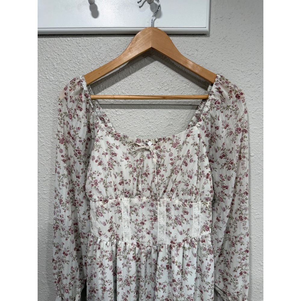 Dainty Floral Milkmaid Lace Corset Dress L Sheer Sleeves Cottagecore Fairycore - Picture 4 of 9